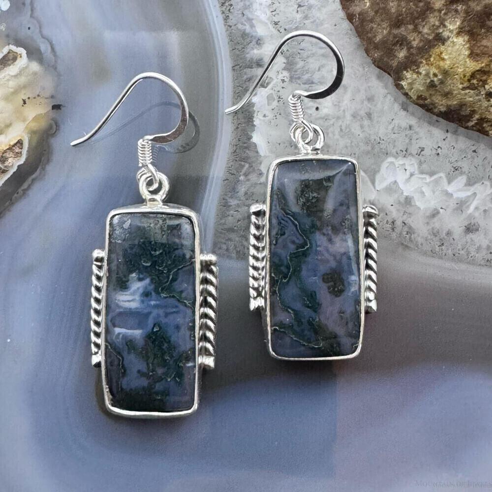 Sterling Southwestern Style Rectangle Moss Agate Dangle Earrings For Women